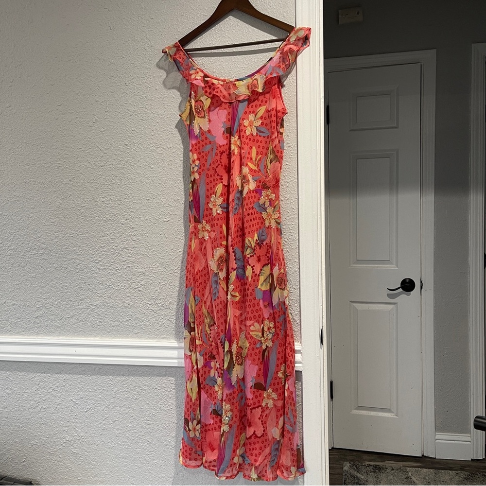 Chaudry women’s sequin beaded  Floral Pink and Red Dress L